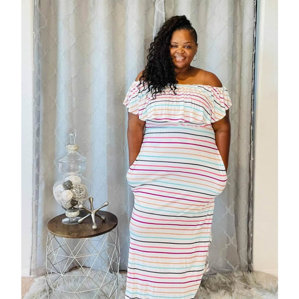 One-way neck milk silk one-step skirt white striped retro short-sleeved temperament with pockets
