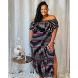 One-way neck milk silk one-step skirt white striped retro short-sleeved temperament with pockets