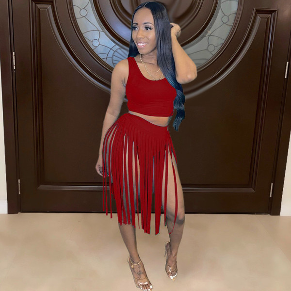 solid color fringed dress nightclub dress two piece set