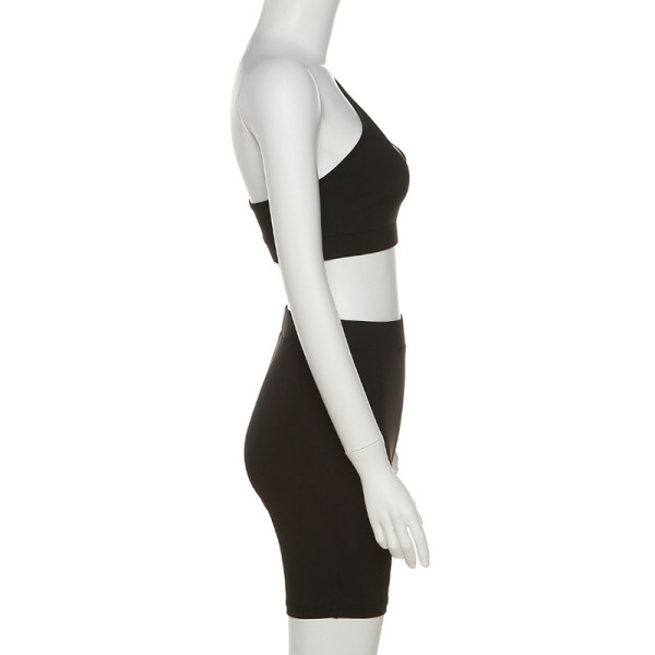 Women's Sexy Hollow Out One Shoulder Low Cut Vest Sports Casual Shorts Set