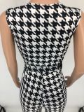 Sleeveless Deep V Houndstooth Print Jumpsuit with Belt