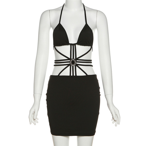 Sexy Hollow Lace-up Halter High Waist Tight Street Style Hip Dress