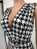 Sleeveless Deep V Houndstooth Print Jumpsuit with Belt