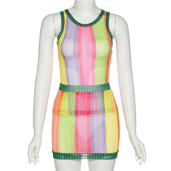 Sexy Hollow Perspective Mesh Splicing Vest High Waist Casual Short Skirt Suit