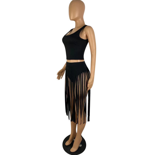 solid color fringed dress nightclub dress two piece set