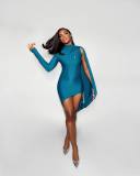 Sexy nightclub bag hip one shoulder long sleeve dress