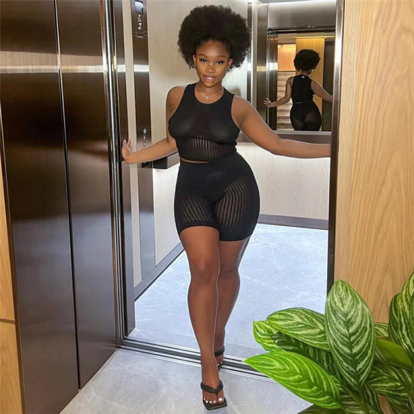 Sexy Perspective Knitted Sleeveless Vest High Waist Bag Hip Show Thin Shorts Suit