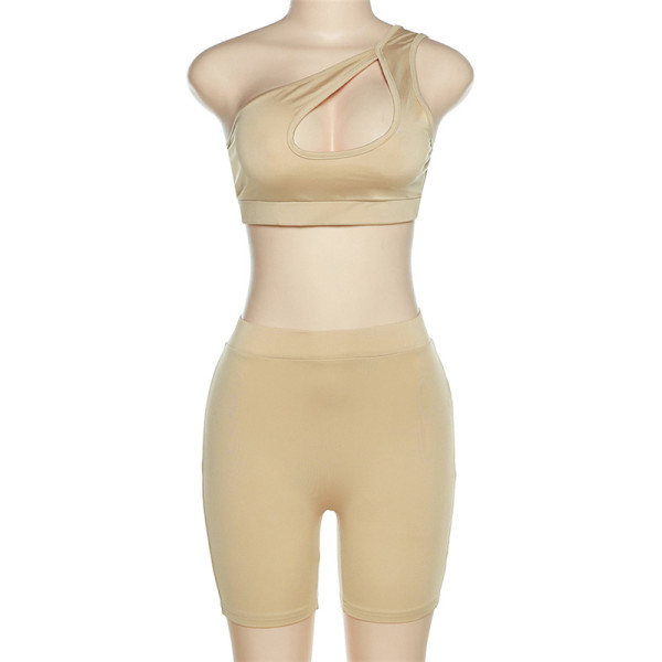 Women's Sexy Hollow Out One Shoulder Low Cut Vest Sports Casual Shorts Set