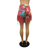 women's tassel transparent bottom tie-dye denim shorts