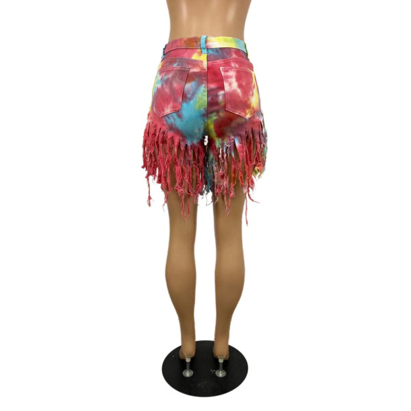 women's tassel transparent bottom tie-dye denim shorts