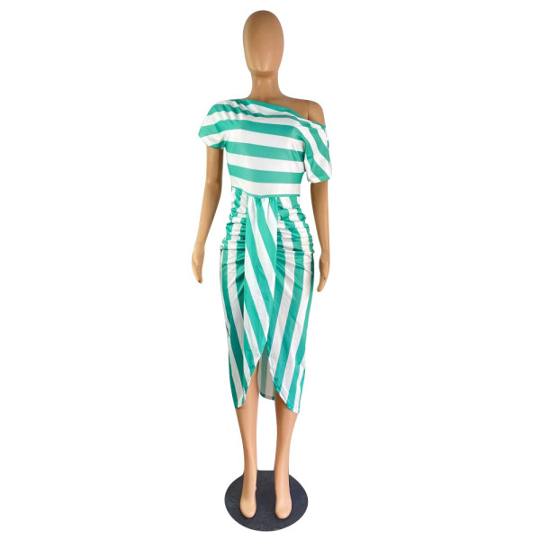 women's striped off shoulder irregular dress