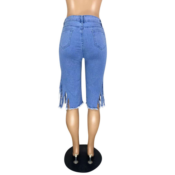 Fringed shredded stretch jeans
