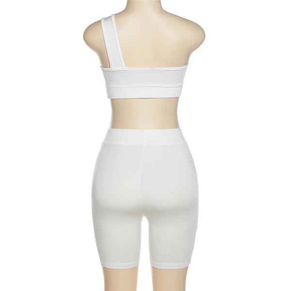 Women's Sexy Hollow Out One Shoulder Low Cut Vest Sports Casual Shorts Set