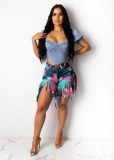 women's tassel transparent bottom tie-dye denim shorts