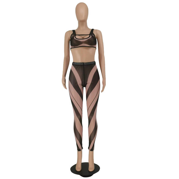 Sexy Mesh Printing Hollow Out Vest Women Outfit 2 Pcs Sets L92010
