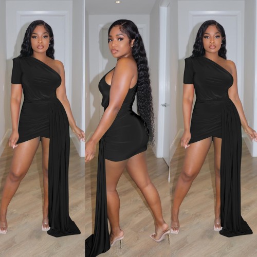 Fashion sexy slanted shoulder fringed dress YD8621
