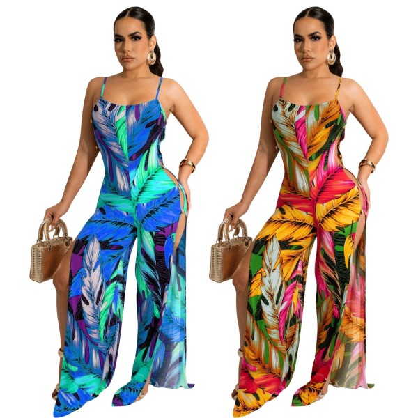 Printed suspender button jumpsuit NK313