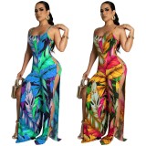 Printed suspender button jumpsuit NK313