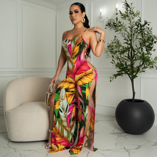 Printed suspender button jumpsuit NK313