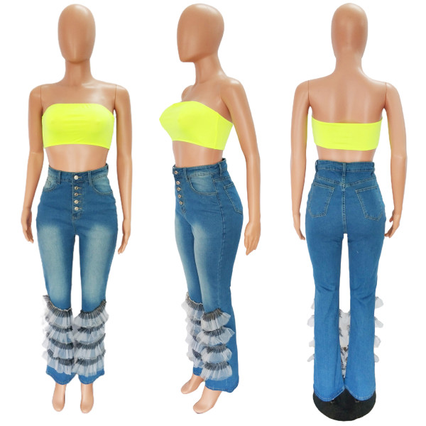 Net red same style denim high waist and leg length micro flared pants women
