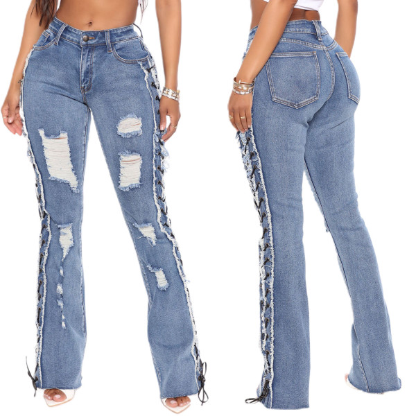 Eyelet Rope High Elastic Sexy Slim Ripped Denim Trousers
