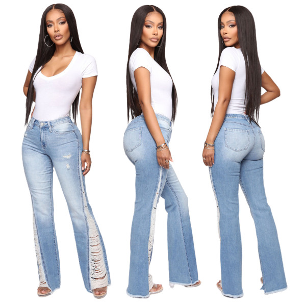 Women's Casual Pants Pack Hip Light Blue Large Size Shredded Denim Trousers