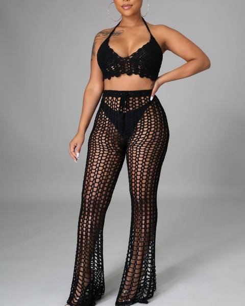Women's Hollow Perspective Two-piece Beach Style Mesh Handmade Hook Sexy Fashion Suit