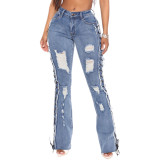 Eyelet Rope High Elastic Sexy Slim Ripped Denim Trousers