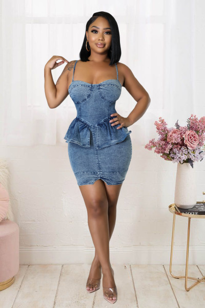 Slim fit stretch sexy zipper denim bag hip dress suspender ruffle one step skirt