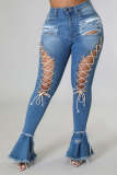 Mid Waist Vintage Shredded Stretch Eyelet Bandage Mopping Denim Flared Pants