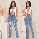 Eyelet Rope High Elastic Sexy Slim Ripped Denim Trousers