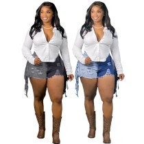 Stylish Slim Fit Trend Paneled Stretch Denim Fringe Shorts