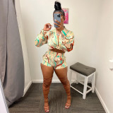 Women's High Satin Digital Print Shirt Collar Button Fashion Sexy 2 Piece Set