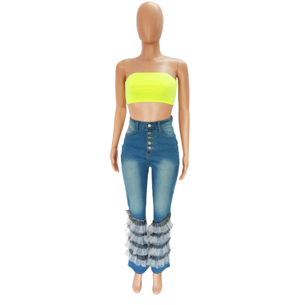 Net red same style denim high waist and leg length micro flared pants women
