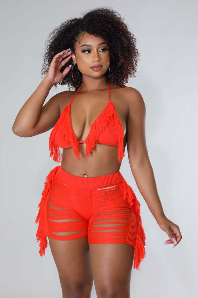 Stretch Sheer Knit Fringe Beach Shorts Cup Set