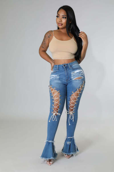Mid Waist Vintage Shredded Stretch Eyelet Bandage Mopping Denim Flared Pants