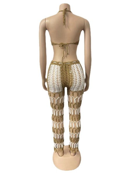 Women's Hollow Perspective Two-piece Beach Style Fishnet Color Matching Hand Hook Sexy Suit