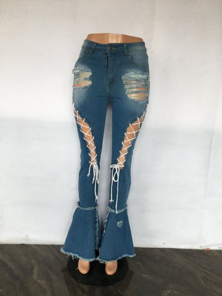 Mid Waist Vintage Shredded Stretch Eyelet Bandage Mopping Denim Flared Pants