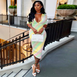 Women's Digital Stripe Contrast Positioning Print Skinny V-Neck Button Up Sexy Dress