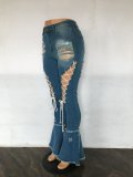 Mid Waist Vintage Shredded Stretch Eyelet Bandage Mopping Denim Flared Pants