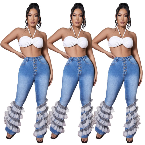 Net red same style denim high waist and leg length micro flared pants women