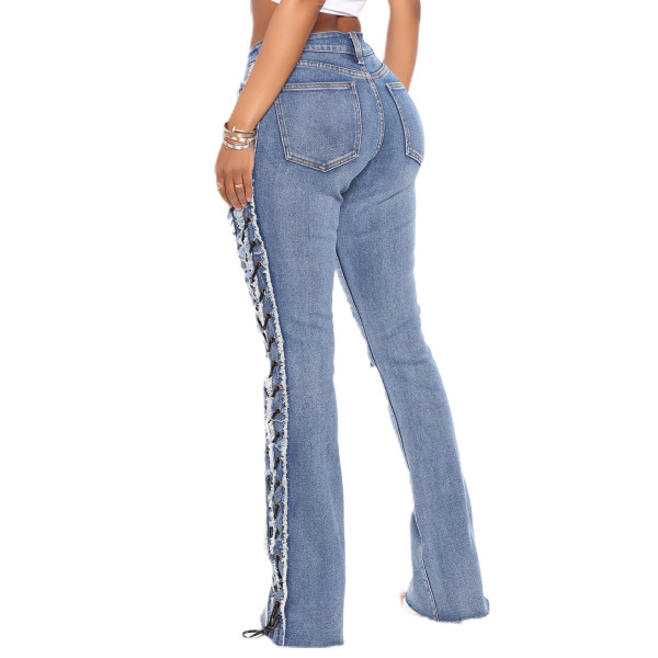 Eyelet Rope High Elastic Sexy Slim Ripped Denim Trousers
