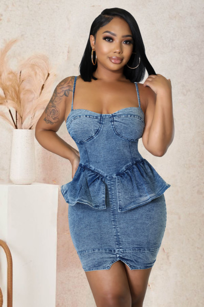 Slim fit stretch sexy zipper denim bag hip dress suspender ruffle one step skirt