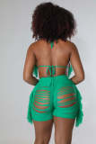Stretch Sheer Knit Fringe Beach Shorts Cup Set