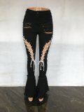 Mid Waist Vintage Shredded Stretch Eyelet Bandage Mopping Denim Flared Pants