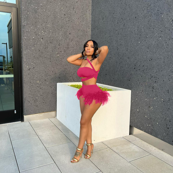 Sexy Feather Irregular Two Piece Suit