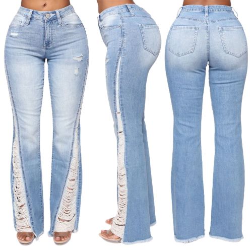 Women's Casual Pants Pack Hip Light Blue Large Size Shredded Denim Trousers