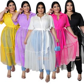 Fat Woman Plus Size Women's Chiffon Mesh Crinkle Top Casual Dress