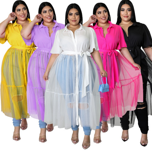 Fat Woman Plus Size Women's Chiffon Mesh Crinkle Top Casual Dress