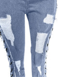 Eyelet Rope High Elastic Sexy Slim Ripped Denim Trousers